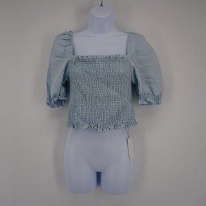 Blank NYC NWT Women's Blue Linen Smocked Square Neck Puff Sleeve Crop Top Sz L